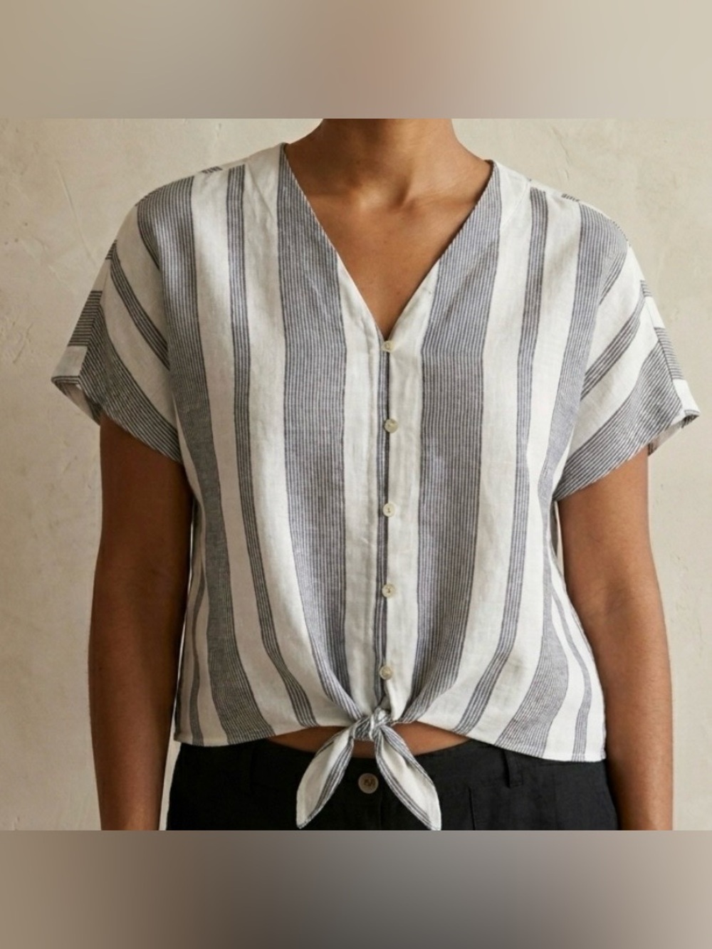 Eddie Bauer Striped Linen Blend Tie Front Button Down Shirt Blue White Small